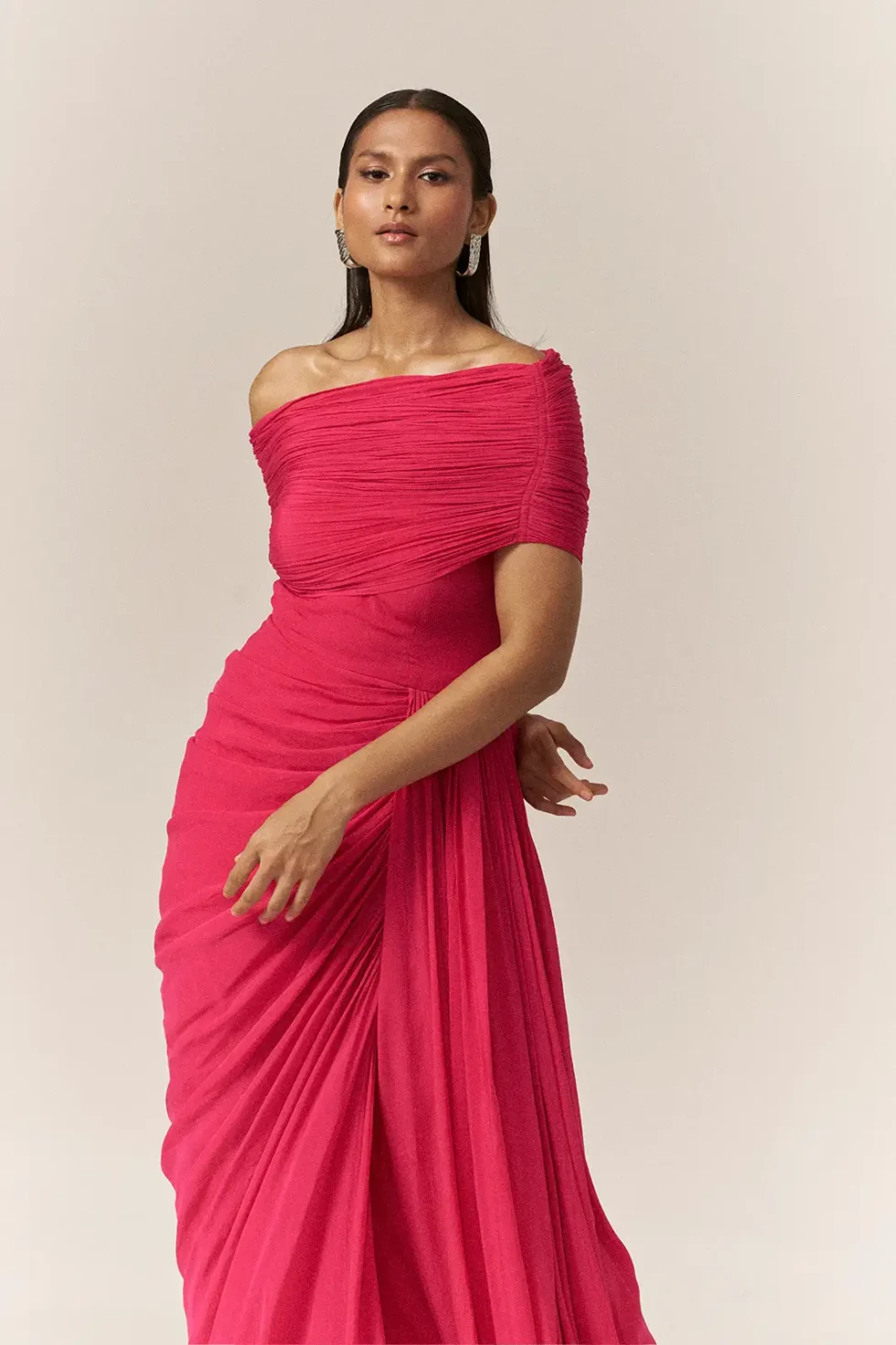 Garima GKD 011 One Shoulder Neckline Chiffon Dress, Pink Long Dress For Women, One Shoulder Dress For Women, One Shoulder Long Dress, Front Slit Dress, Front Slit Long Dress, Sepia Stories