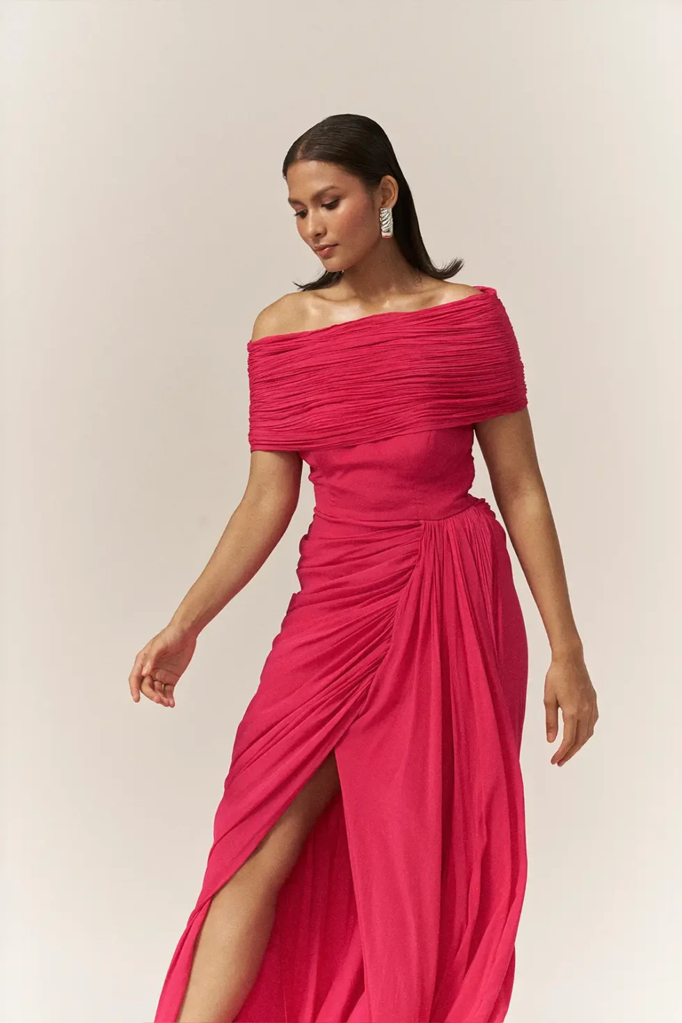 Garima GKD 011 One Shoulder Neckline Chiffon Dress, Pink Long Dress For Women, One Shoulder Dress For Women, One Shoulder Long Dress, Front Slit Dress, Front Slit Long Dress, Sepia Stories