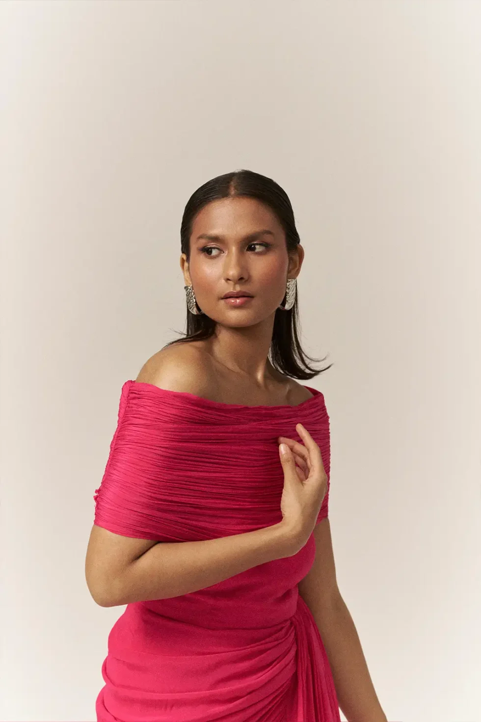 Garima GKD 011 One Shoulder Neckline Chiffon Dress, Pink Long Dress For Women, One Shoulder Dress For Women, One Shoulder Long Dress, Front Slit Dress, Front Slit Long Dress, Sepia Stories