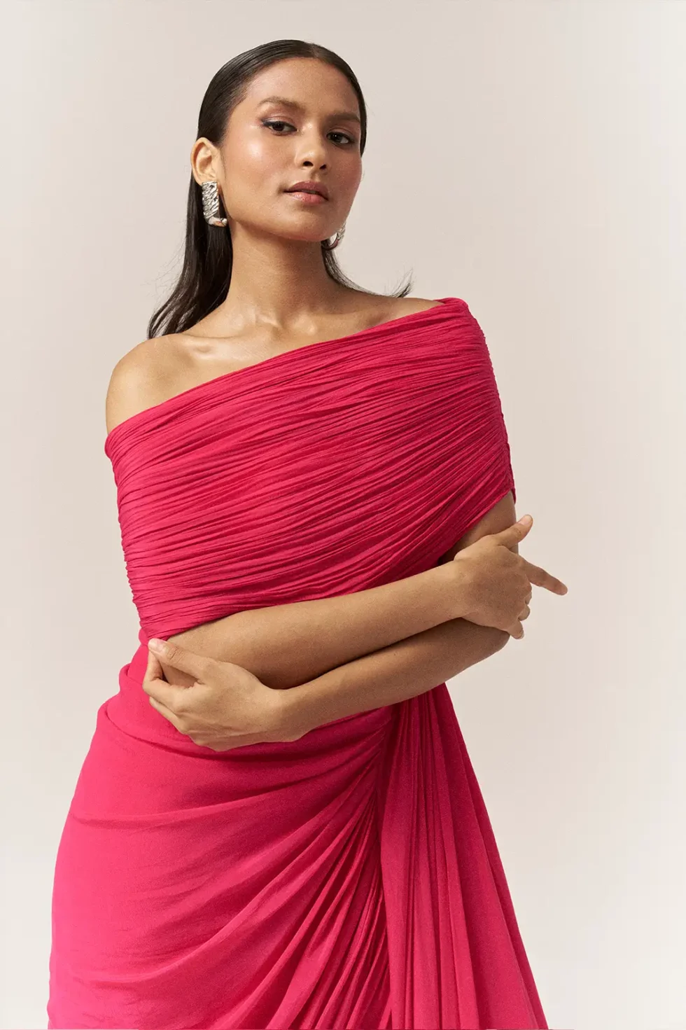 Garima GKD 011 One Shoulder Neckline Chiffon Dress, Pink Long Dress For Women, One Shoulder Dress For Women, One Shoulder Long Dress, Front Slit Dress, Front Slit Long Dress, Sepia Stories