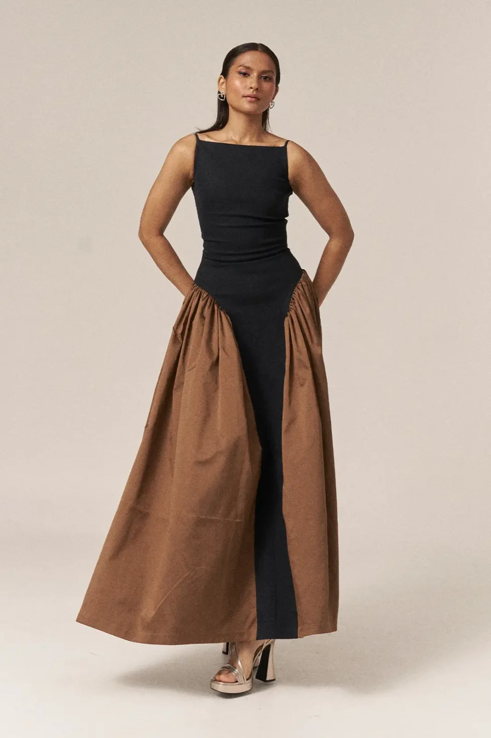 Garima GKD 015 Black Taffeta Dress, Black Sleeveless Dress, Black Long Dress, Taffeta Dress, Sleeveless Long Dress For Women, Party Wear Black Dress For Women, Party Wear Black Gown, Black Strappy Dress, Sepia Stories