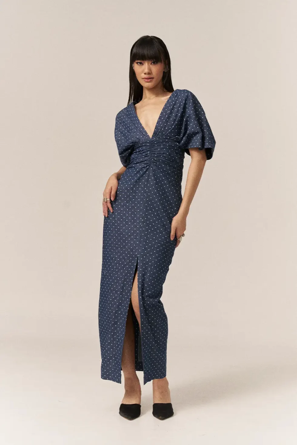 Garima GKD 016 Blue Denim Dress, Denim Dress For Women, V Neck Dress, Half Sleeve Dress, Front Slit Dress For Women, Polka Dot Dress For Woman, Long Slit Dress For Women, Front Slit Gown For Women, Sepia Stories