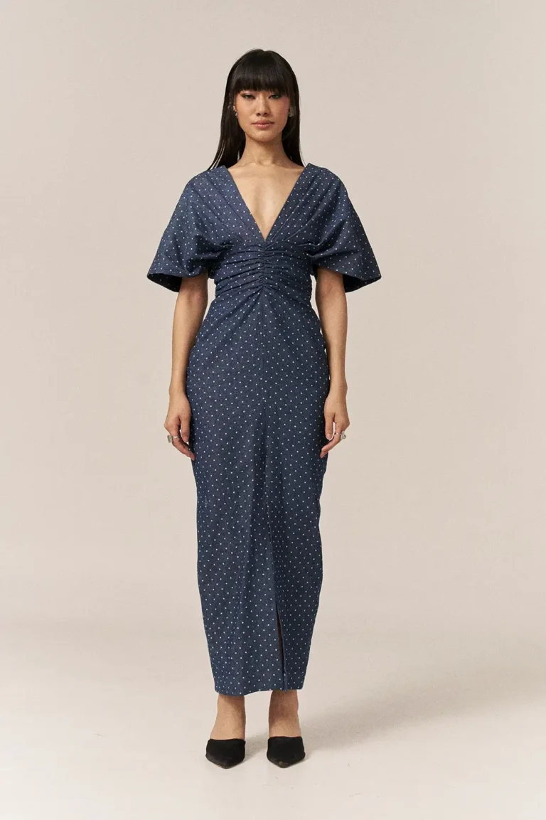 Garima GKD 016 Blue Denim Dress, Denim Dress For Women, V Neck Dress, Half Sleeve Dress, Front Slit Dress For Women, Polka Dot Dress For Woman, Long Slit Dress For Women, Front Slit Gown For Women, Sepia Stories