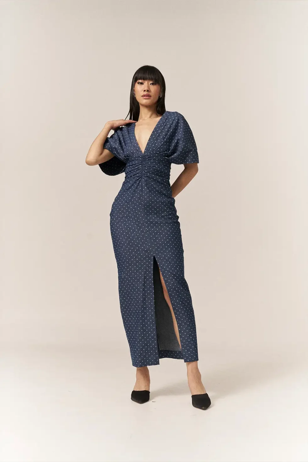 Garima GKD 016 Blue Denim Dress, Denim Dress For Women, V Neck Dress, Half Sleeve Dress, Front Slit Dress For Women, Polka Dot Dress For Woman, Long Slit Dress For Women, Front Slit Gown For Women, Sepia Stories