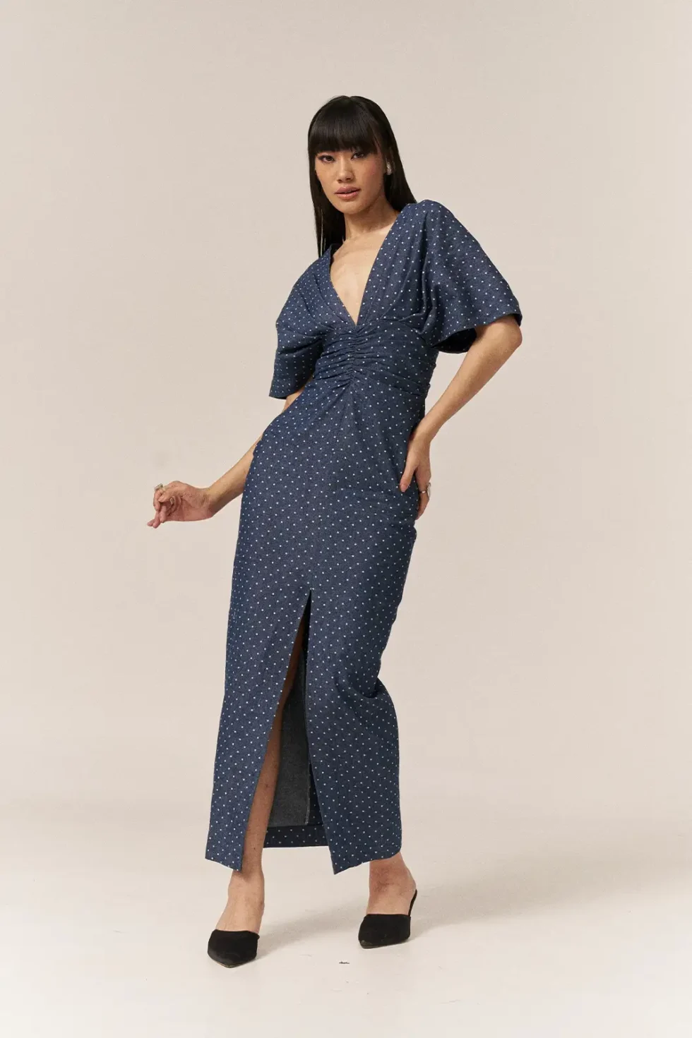Garima GKD 016 Blue Denim Dress, Denim Dress For Women, V Neck Dress, Half Sleeve Dress, Front Slit Dress For Women, Polka Dot Dress For Woman, Long Slit Dress For Women, Front Slit Gown For Women, Sepia Stories
