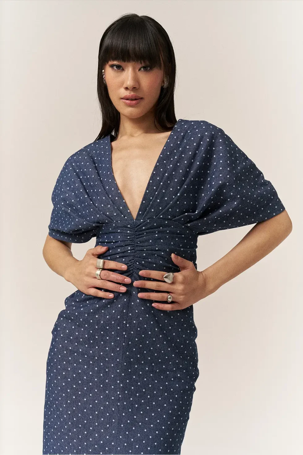 Garima GKD 016 Blue Denim Dress, Denim Dress For Women, V Neck Dress, Half Sleeve Dress, Front Slit Dress For Women, Polka Dot Dress For Woman, Long Slit Dress For Women, Front Slit Gown For Women, Sepia Stories