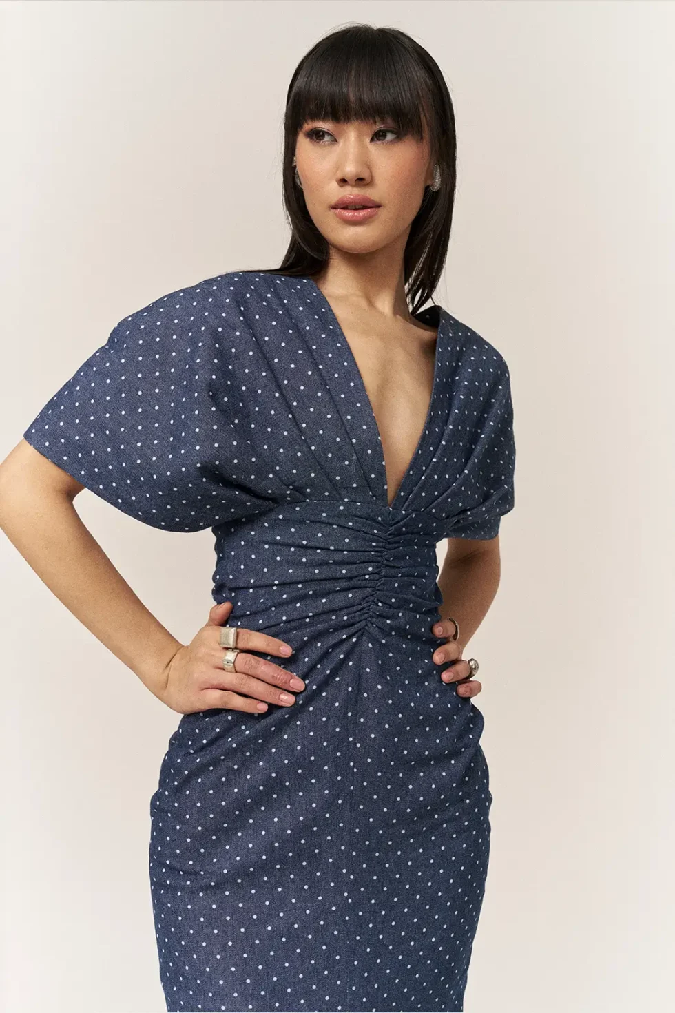 Garima GKD 016 Blue Denim Dress, Denim Dress For Women, V Neck Dress, Half Sleeve Dress, Front Slit Dress For Women, Polka Dot Dress For Woman, Long Slit Dress For Women, Front Slit Gown For Women, Sepia Stories