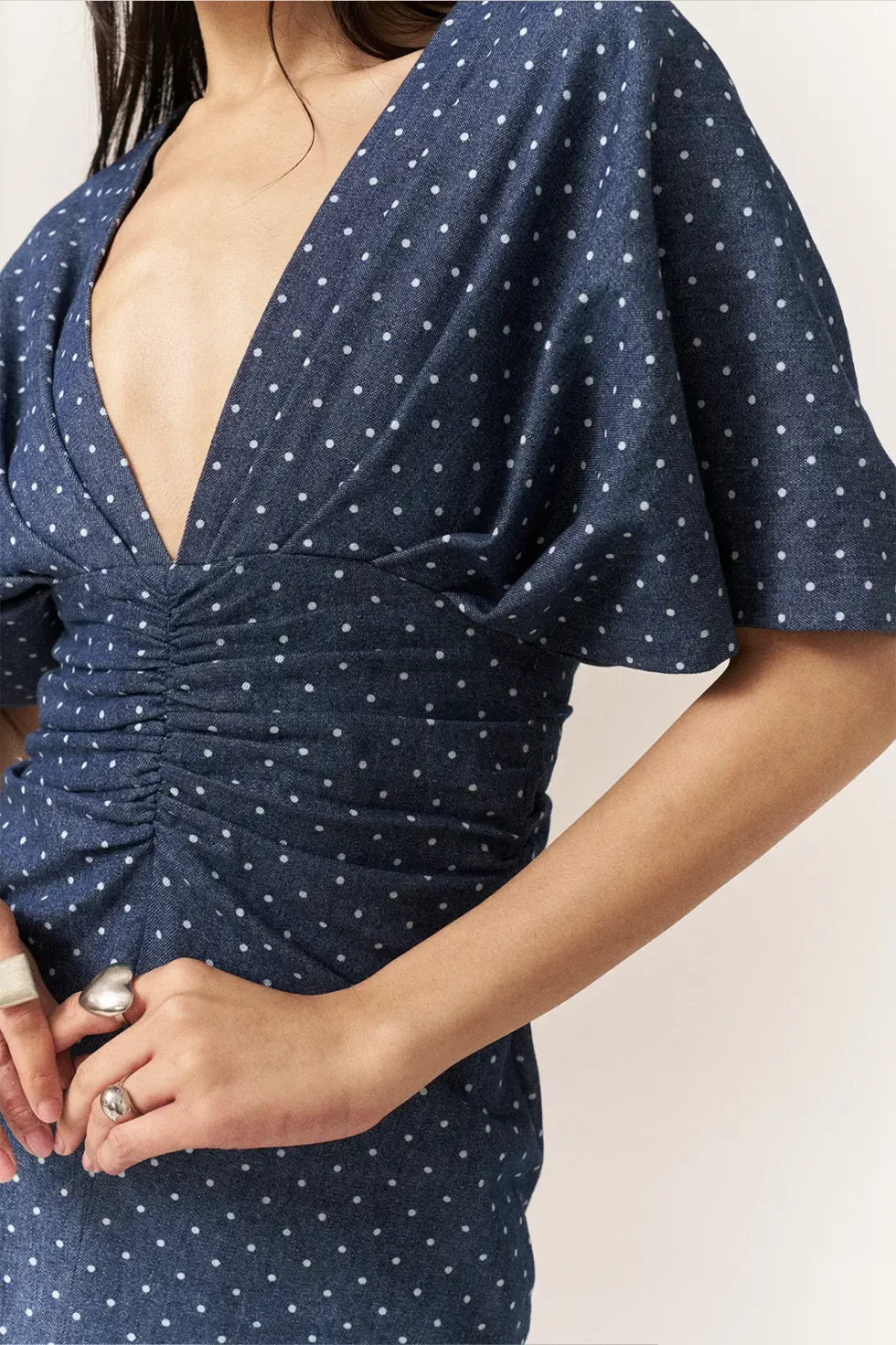 Garima GKD 016 Blue Denim Dress, Denim Dress For Women, V Neck Dress, Half Sleeve Dress, Front Slit Dress For Women, Polka Dot Dress For Woman, Long Slit Dress For Women, Front Slit Gown For Women, Sepia Stories