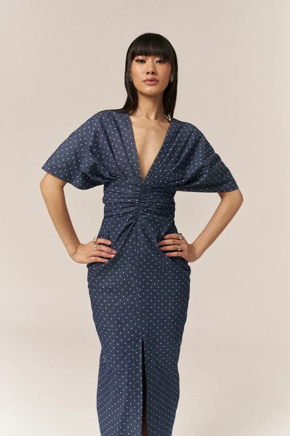 Garima GKD 016 Blue Denim Dress, Denim Dress For Women, V Neck Dress, Half Sleeve Dress, Front Slit Dress For Women, Polka Dot Dress For Woman, Long Slit Dress For Women, Front Slit Gown For Women, Sepia Stories