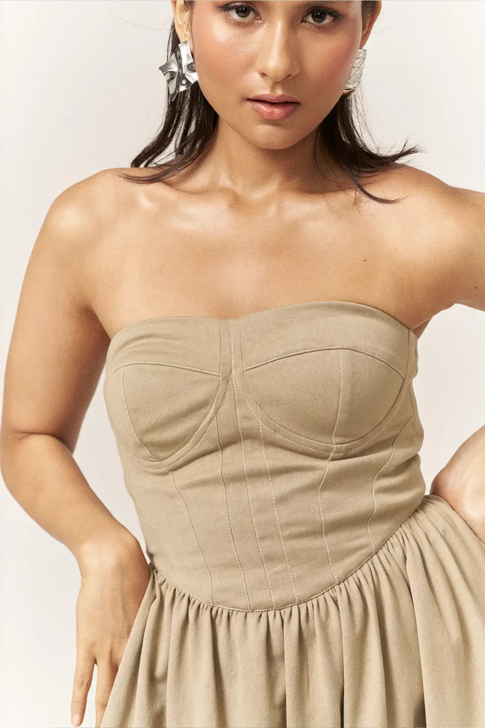 Garima GKD 017 Beige Denim Corset Dress, Set, Strapless Dress For Women, Cotton Dress For Women, Co Ord Set Dress For Women, Sleeveless Co Ord Set, Skirt Dress For Women, Stylish Casual Dress For Women, Bustier Dress, Brown Dress, Corset Dress, Sepia Stories