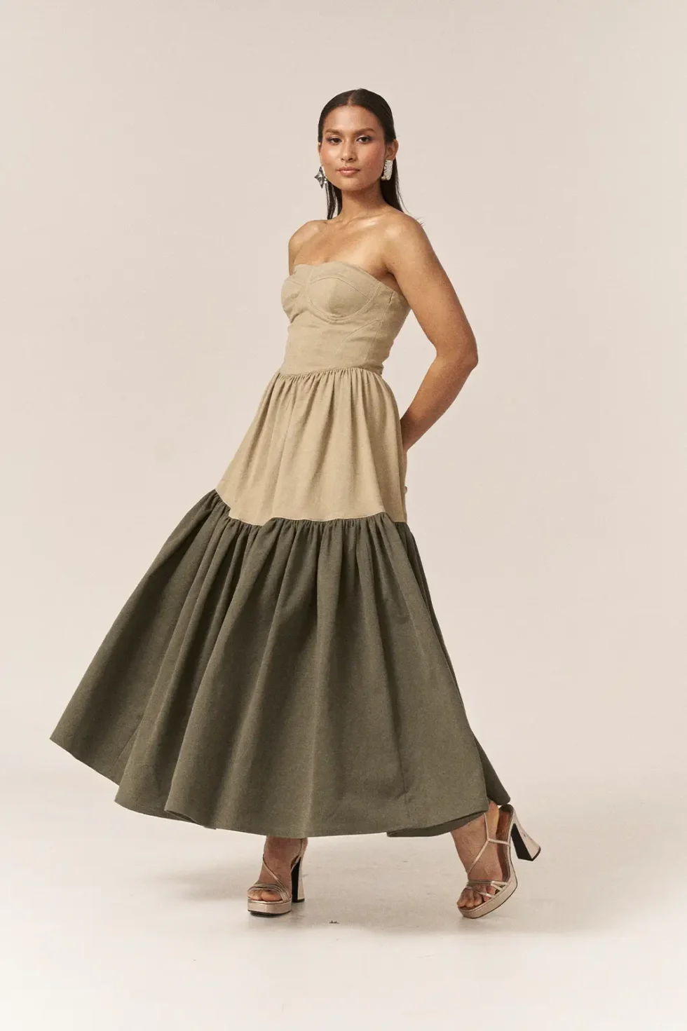 Garima GKD 017 Beige Denim Corset Dress, Set, Strapless Dress For Women, Cotton Dress For Women, Co Ord Set Dress For Women, Sleeveless Co Ord Set, Skirt Dress For Women, Stylish Casual Dress For Women, Bustier Dress, Brown Dress, Corset Dress, Sepia Stories