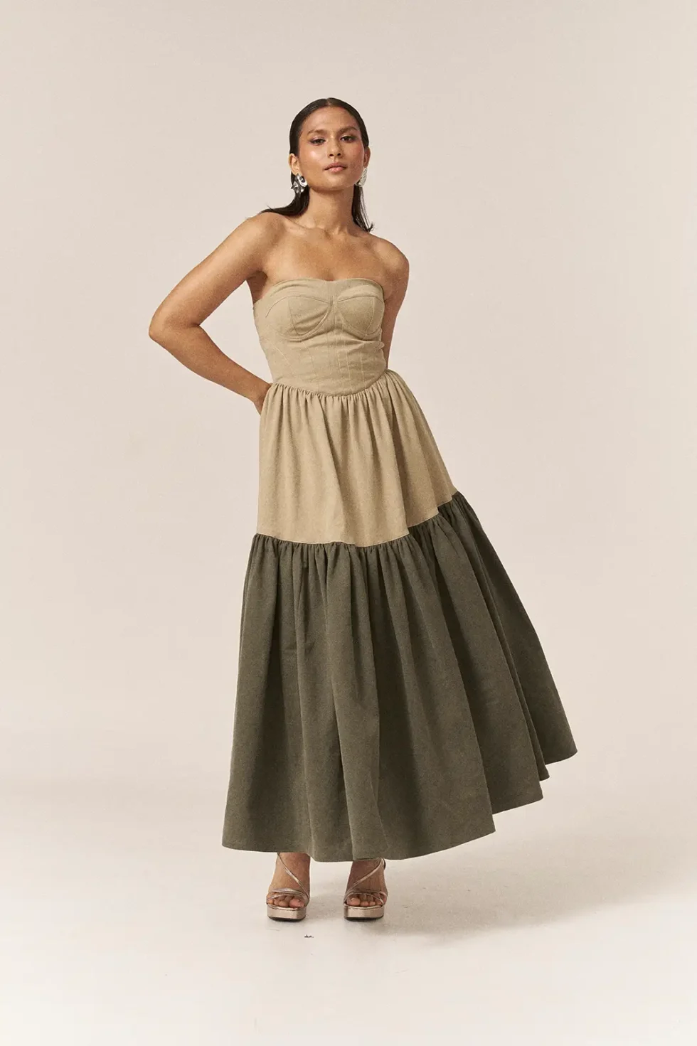 Garima GKD 017 Beige Denim Corset Dress, Set, Strapless Dress For Women, Cotton Dress For Women, Co Ord Set Dress For Women, Sleeveless Co Ord Set, Skirt Dress For Women, Stylish Casual Dress For Women, Bustier Dress, Brown Dress, Corset Dress, Sepia Stories