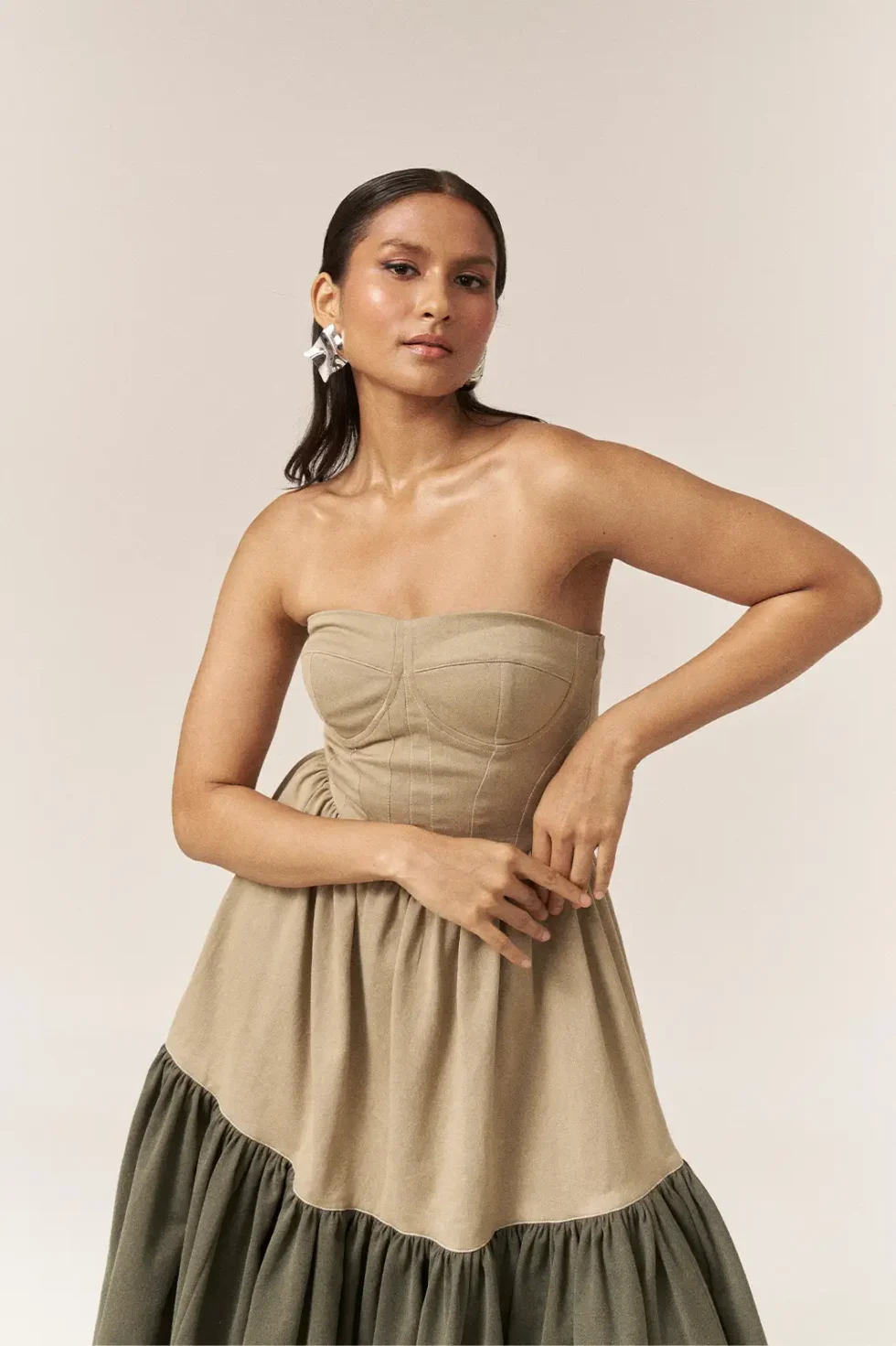 Garima GKD 017 Beige Denim Corset Dress, Set, Strapless Dress For Women, Cotton Dress For Women, Co Ord Set Dress For Women, Sleeveless Co Ord Set, Skirt Dress For Women, Stylish Casual Dress For Women, Bustier Dress, Brown Dress, Corset Dress, Sepia Stories