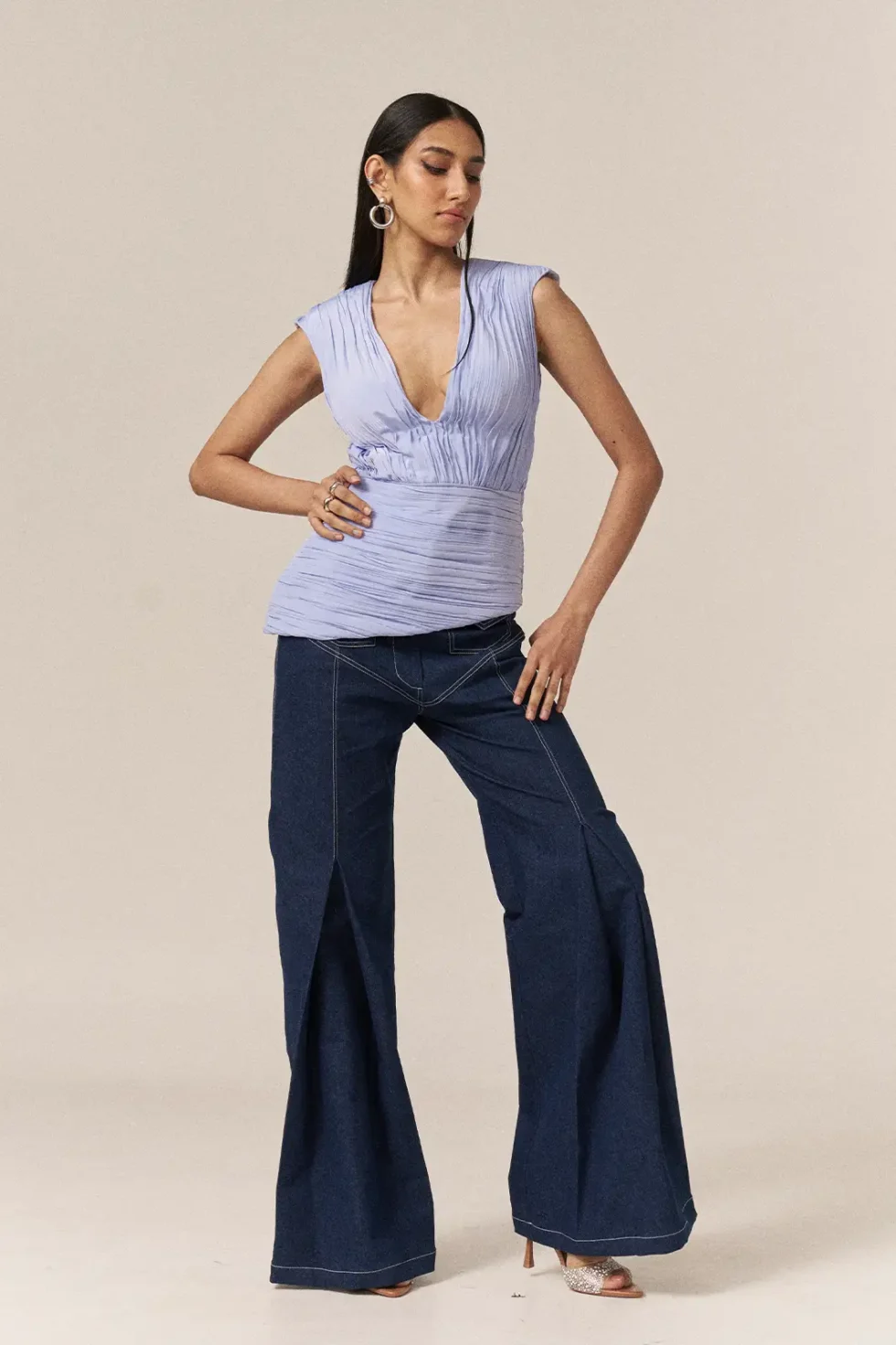 Garima GKD 018 Deep V-neck Top Denim Pants, 2 Piece Denim Pants And Top Set, Denim Pants, Sleeveless Top, Women V Neck Top, Bell Bottom Jeans, Deep V Neck Top, Purple Top And Pants, Violet Top, Sepia Stories