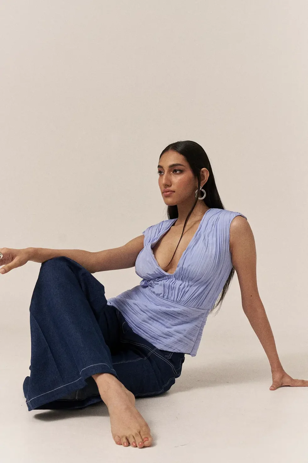 Garima GKD 018 Deep V-neck Top Denim Pants, 2 Piece Denim Pants And Top Set, Denim Pants, Sleeveless Top, Women V Neck Top, Bell Bottom Jeans, Deep V Neck Top, Purple Top And Pants, Violet Top, Sepia Stories