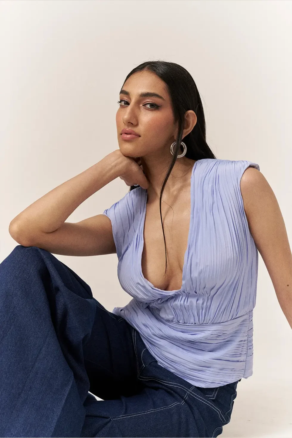 Garima GKD 018 Deep V-neck Top Denim Pants, 2 Piece Denim Pants And Top Set, Denim Pants, Sleeveless Top, Women V Neck Top, Bell Bottom Jeans, Deep V Neck Top, Purple Top And Pants, Violet Top, Sepia Stories