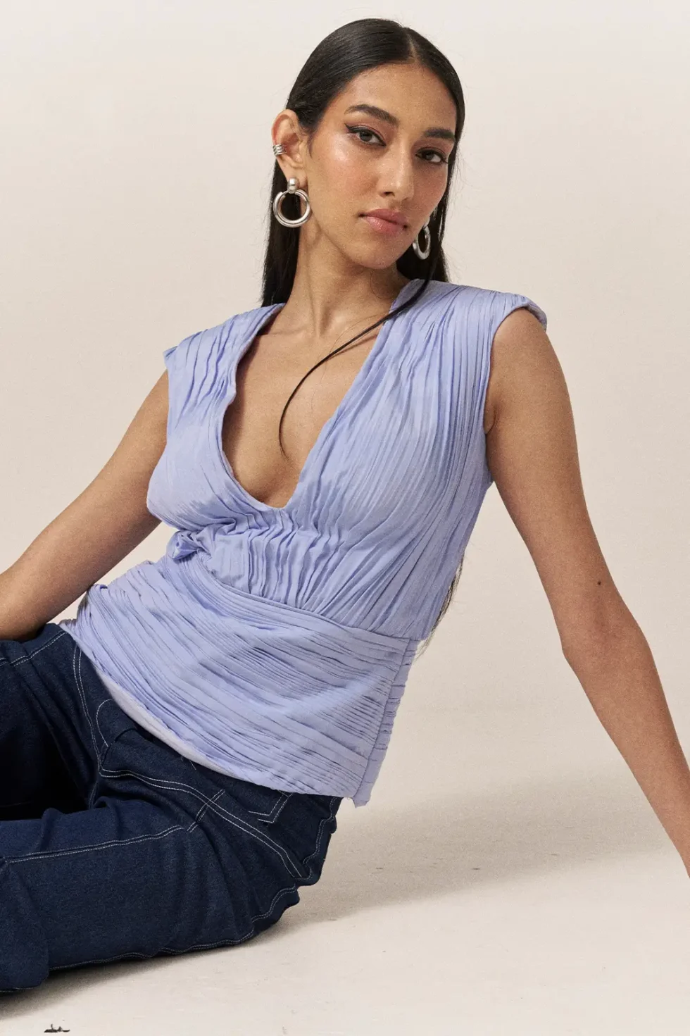 Garima GKD 018 Deep V-neck Top Denim Pants, 2 Piece Denim Pants And Top Set, Denim Pants, Sleeveless Top, Women V Neck Top, Bell Bottom Jeans, Deep V Neck Top, Purple Top And Pants, Violet Top, Sepia Stories