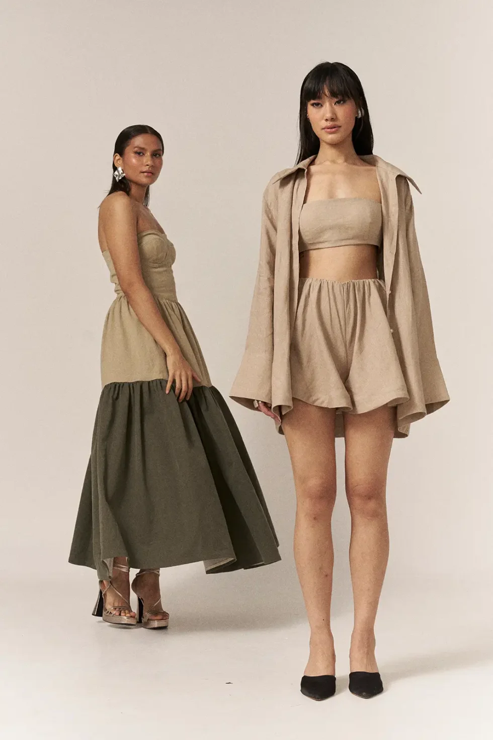 Garima GKD 019 Linen Co Ord Set, Strapless Dress For Women, Cotton Dresses For Women, Co Ord Set Dress For Women, Sleeveless Co Ord Set, Skirt Dress For Women, Stylish Casual Dress For Women, Bustier Dress, Brown Dress, Sepia Stories