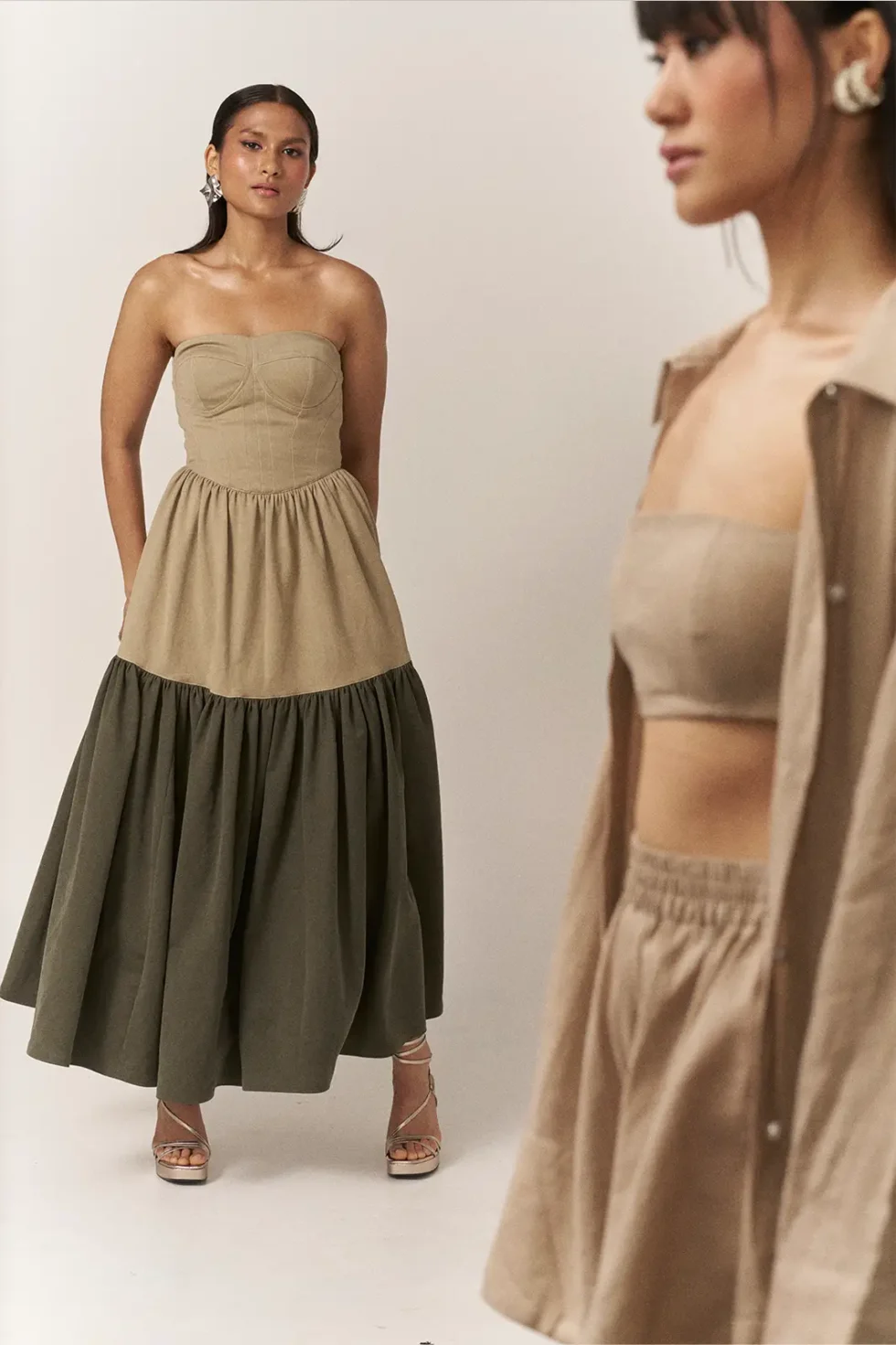 Garima GKD 019 Linen Co Ord Set, Strapless Dress For Women, Cotton Dresses For Women, Co Ord Set Dress For Women, Sleeveless Co Ord Set, Skirt Dress For Women, Stylish Casual Dress For Women, Bustier Dress, Brown Dress, Sepia Stories