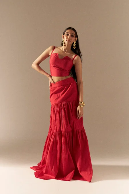 Garima GKD 022 Red Taffeta Top Matching Skirt, Dress For Wedding, Sleeveless Long Dress, Red Skirt And Top For Women, Matching Skirt And Top, Long Skirt And Top, Traditional Dress For Women, Two Piece Dress For Women, Wedding Dress, Sepia Stories