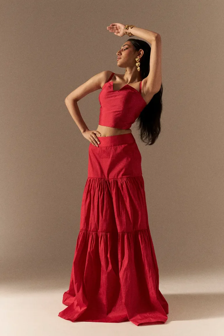 Garima GKD 022 Red Taffeta Top Matching Skirt, Dress For Wedding, Sleeveless Long Dress, Red Skirt And Top For Women, Matching Skirt And Top, Long Skirt And Top, Traditional Dress For Women, Two Piece Dress For Women, Wedding Dress, Sepia Stories