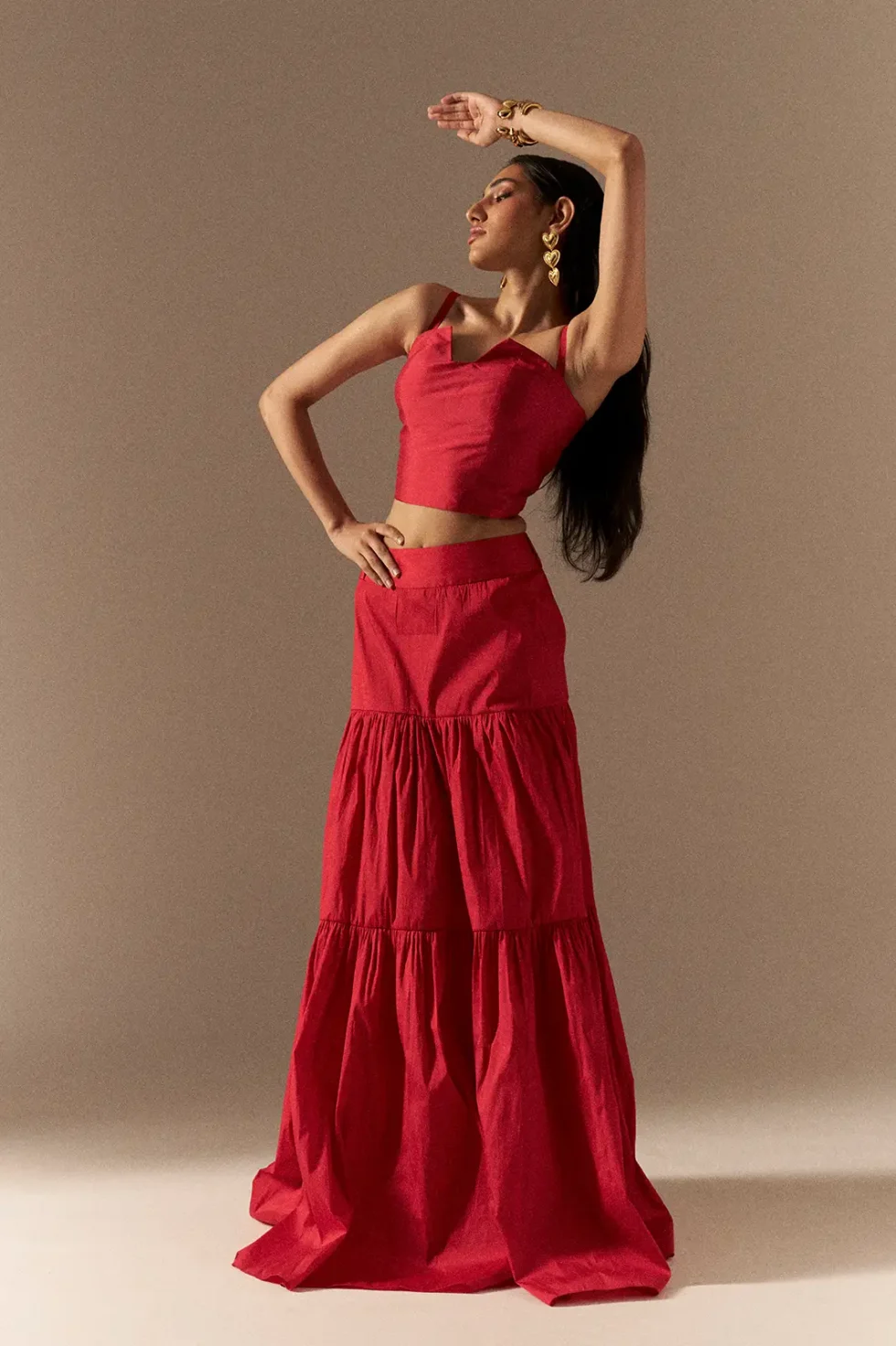 Garima GKD 022 Red Taffeta Top Matching Skirt, Dress For Wedding, Sleeveless Long Dress, Red Skirt And Top For Women, Matching Skirt And Top, Long Skirt And Top, Traditional Dress For Women, Two Piece Dress For Women, Wedding Dress, Sepia Stories