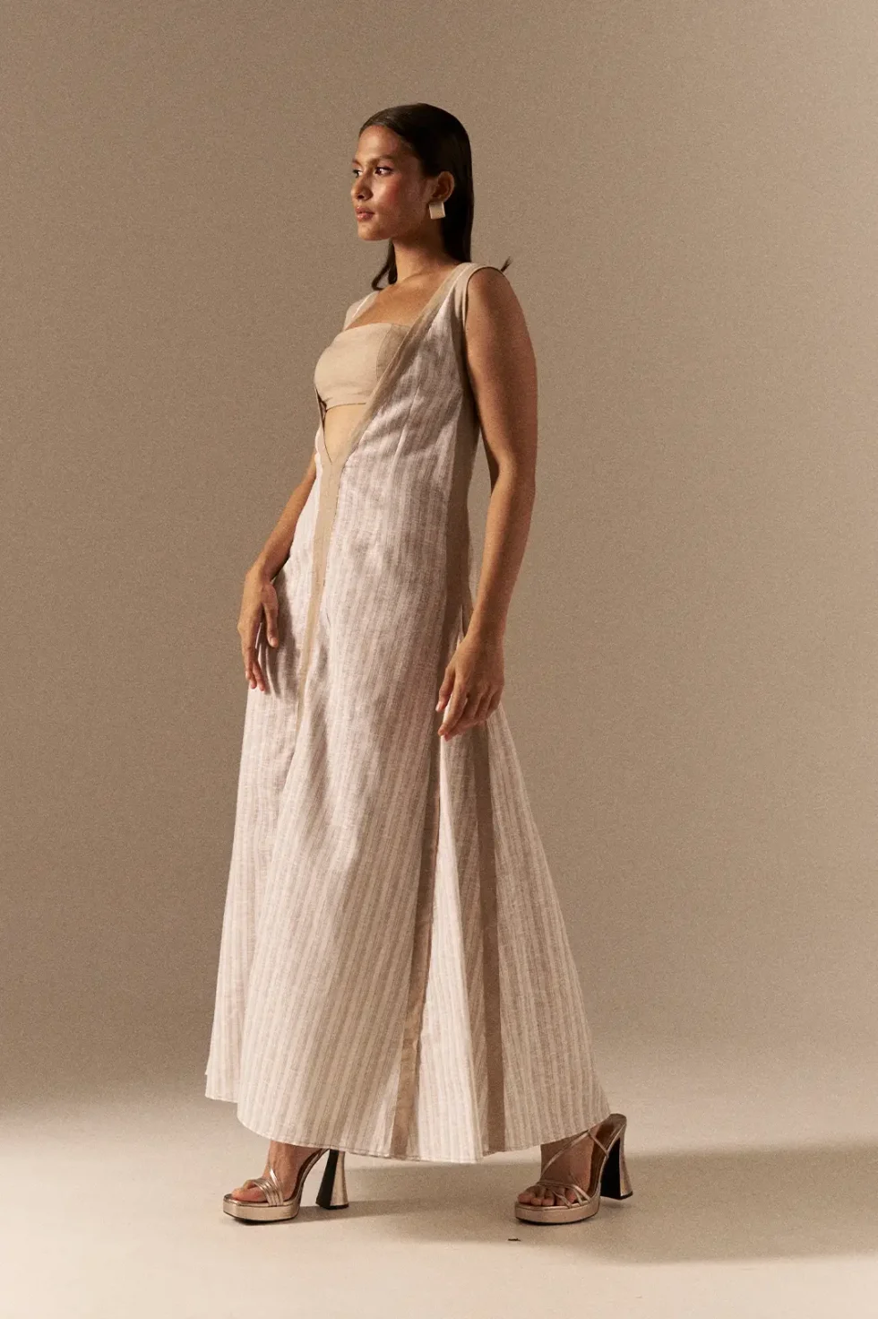 Garima GKD 024 Linen Cotton Dress, V Neck Linen Dress, Long Dress For Women, Off White Dress For Women, Bustier Dress, Sleeveless Long Dress, Cotton Long Dress, Sepia Stories, Gown Dress, Dress For Wedding