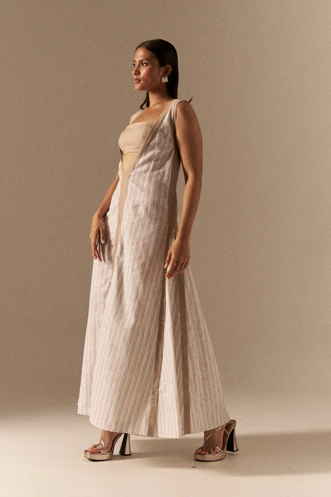 Garima GKD 024 Linen Cotton Dress, V Neck Linen Dress, Long Dress For Women, Off White Dress For Women, Bustier Dress, Sleeveless Long Dress, Cotton Long Dress, Sepia Stories, Gown Dress, Dress For Wedding