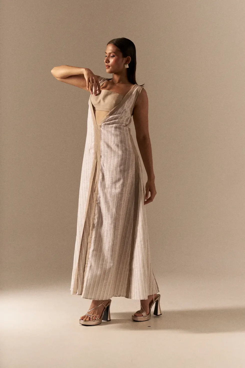 Garima GKD 024 Linen Cotton Dress, V Neck Linen Dress, Long Dress For Women, Off White Dress For Women, Bustier Dress, Sleeveless Long Dress, Cotton Long Dress, Sepia Stories, Gown Dress, Dress For Wedding