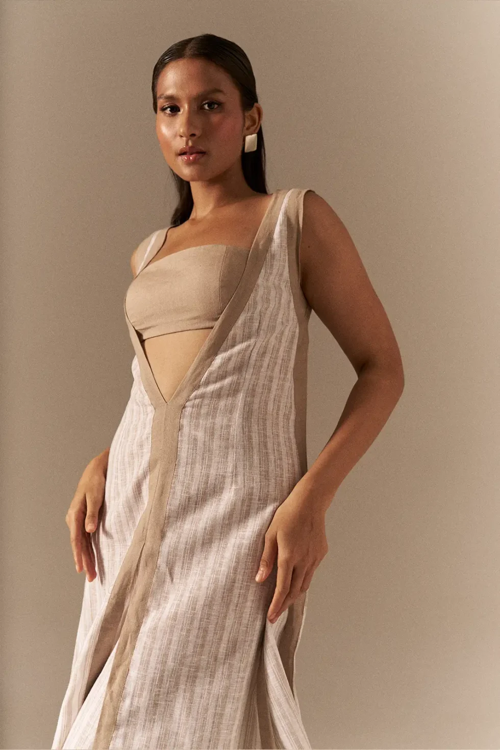 Garima GKD 024 Linen Cotton Dress, V Neck Linen Dress, Long Dress For Women, Off White Dress For Women, Bustier Dress, Sleeveless Long Dress, Cotton Long Dress, Sepia Stories, Gown Dress, Dress For Wedding