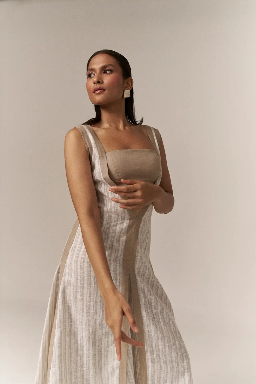 Garima GKD 024 Linen Cotton Dress, V Neck Linen Dress, Long Dress For Women, Off White Dress For Women, Bustier Dress, Sleeveless Long Dress, Cotton Long Dress, Sepia Stories, Gown Dress, Dress For Wedding