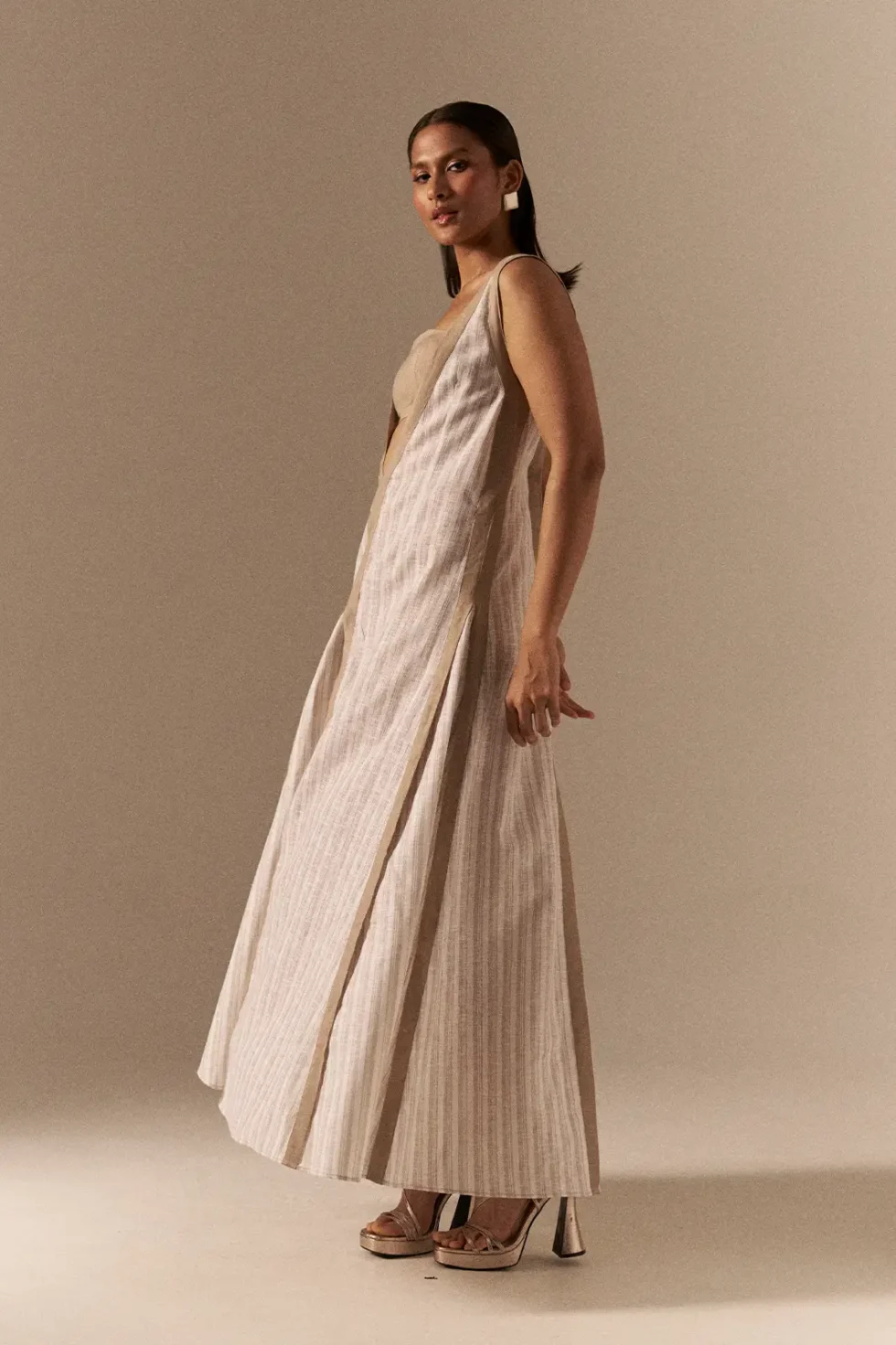 Garima GKD 024 Linen Cotton Dress, V Neck Linen Dress, Long Dress For Women, Off White Dress For Women, Bustier Dress, Sleeveless Long Dress, Cotton Long Dress, Sepia Stories, Gown Dress, Dress For Wedding