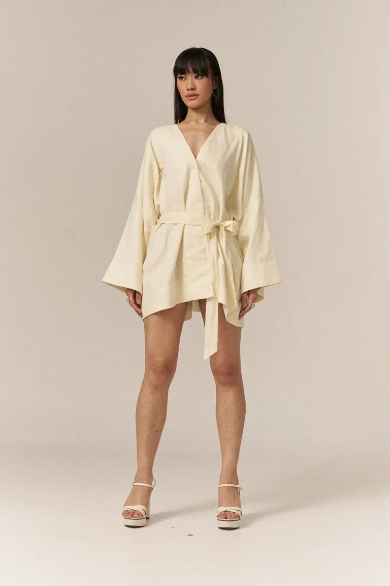 Garima GKD 025 Yellow Cotton Linen Dress, Cotton Linen Blend Dress, Full Sleeve Dress For Women, Casual Dress, Yellow Short Dress For Women, V Neck Dresses, Knotted Dress For Women, Sepia Stories