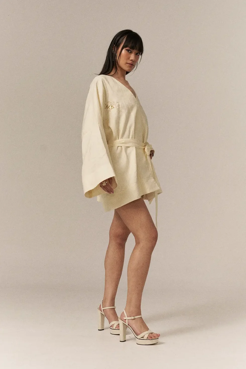 Garima GKD 025 Yellow Cotton Linen Dress, Cotton Linen Blend Dress, Full Sleeve Dress For Women, Casual Dress, Yellow Short Dress For Women, V Neck Dresses, Knotted Dress For Women, Sepia Stories