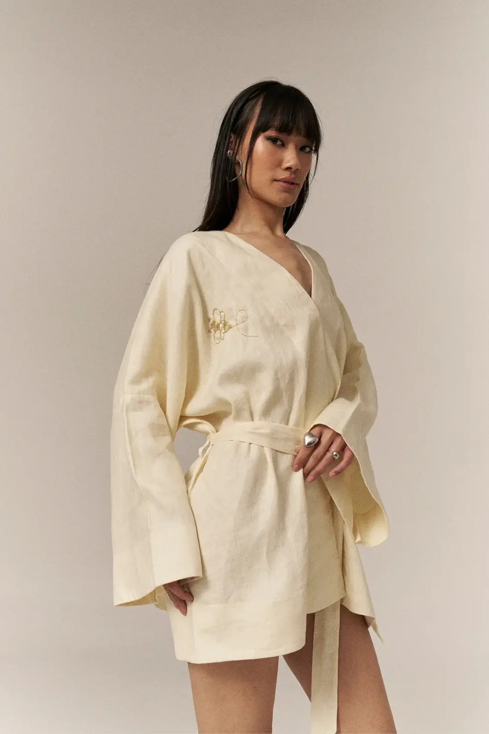 Garima GKD 025 Yellow Cotton Linen Dress, Cotton Linen Blend Dress, Full Sleeve Dress For Women, Casual Dress, Yellow Short Dress For Women, V Neck Dresses, Knotted Dress For Women, Sepia Stories