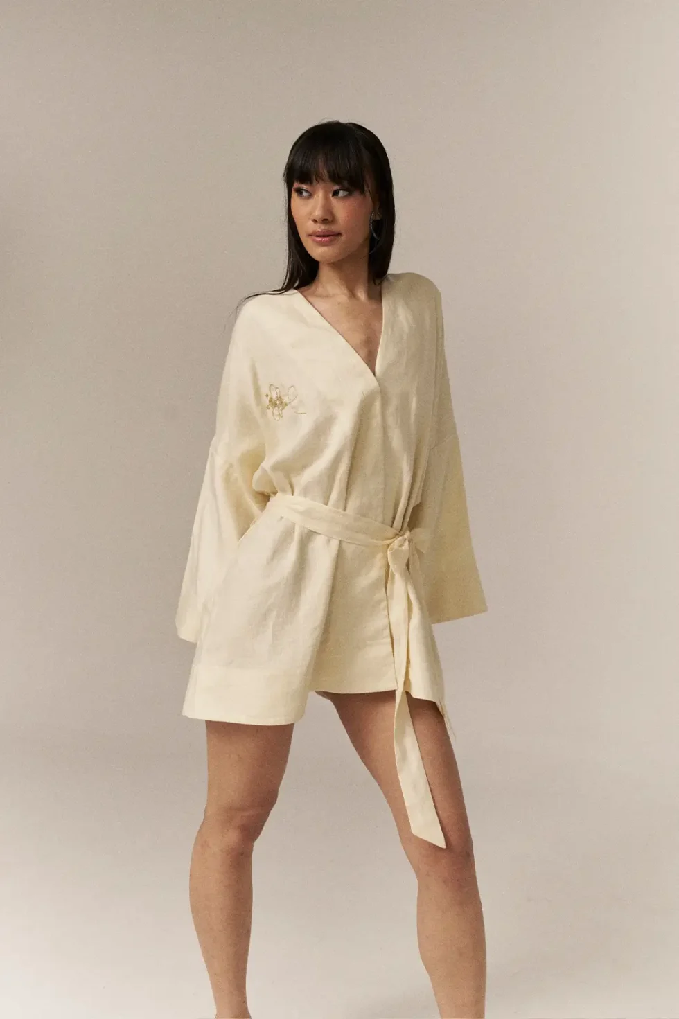 Garima GKD 025 Yellow Cotton Linen Dress, Cotton Linen Blend Dress, Full Sleeve Dress For Women, Casual Dress, Yellow Short Dress For Women, V Neck Dresses, Knotted Dress For Women, Sepia Stories