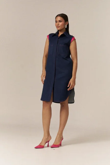 Garima GKD 026 Everyday Denim Dress, Blue Dress, Knee Length Dress For Women, Front Button Dress, Blue Denim Button Dress, Dress For Party Wear, Modern Dress, Premium Denim Dress, Trendy Clothing, Everyday Denim, Sleeveless Dress, Sepia Stories