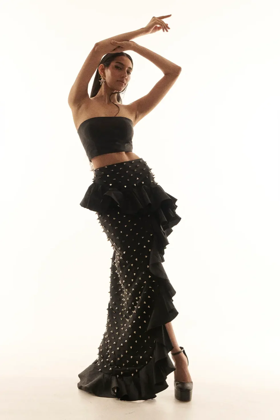 Garima GKD 03 Georgette Top And Skirt, Strapless Black Top, Western Skirt And Top Set, 2 Piece Dress For Women, Western Party Wear Dress For Women, Off Shoulder Tops And Skirt, Black 2 Piece Dress, Sepia Stories