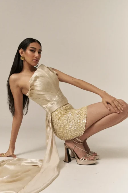 Garima GKD 05 Shell Sequins Skirt And Top, Sequins Skirt, Off Shoulder Tops For Women, Top And Short Skirt Set, Co Ord Set Skirt And Top, Matching Top And Skirt Sets For Women, Sepia Stories