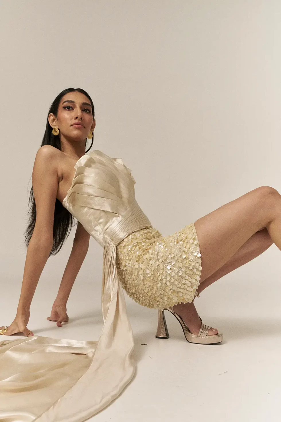 Garima GKD 05 Shell Sequins Skirt And Top, Sequins Skirt, Off Shoulder Tops For Women, Top And Short Skirt Set, Co Ord Set Skirt And Top, Matching Top And Skirt Sets For Women, Sepia Stories