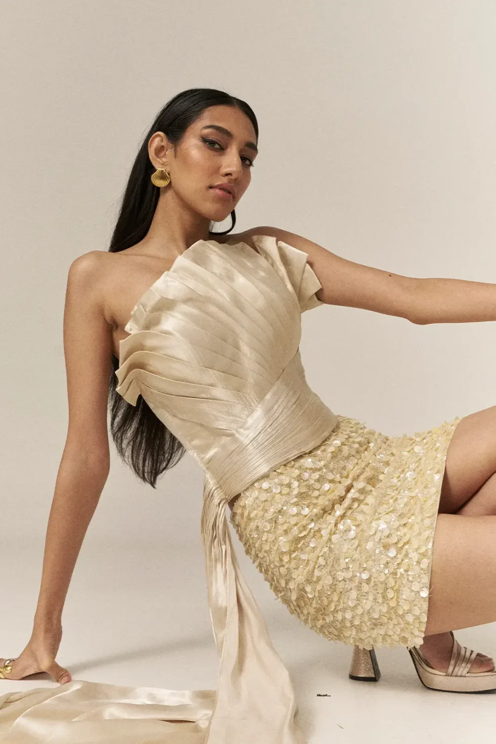 Garima GKD 05 Shell Sequins Skirt And Top, Sequins Skirt, Off Shoulder Tops For Women, Top And Short Skirt Set, Co Ord Set Skirt And Top, Matching Top And Skirt Sets For Women, Sepia Stories