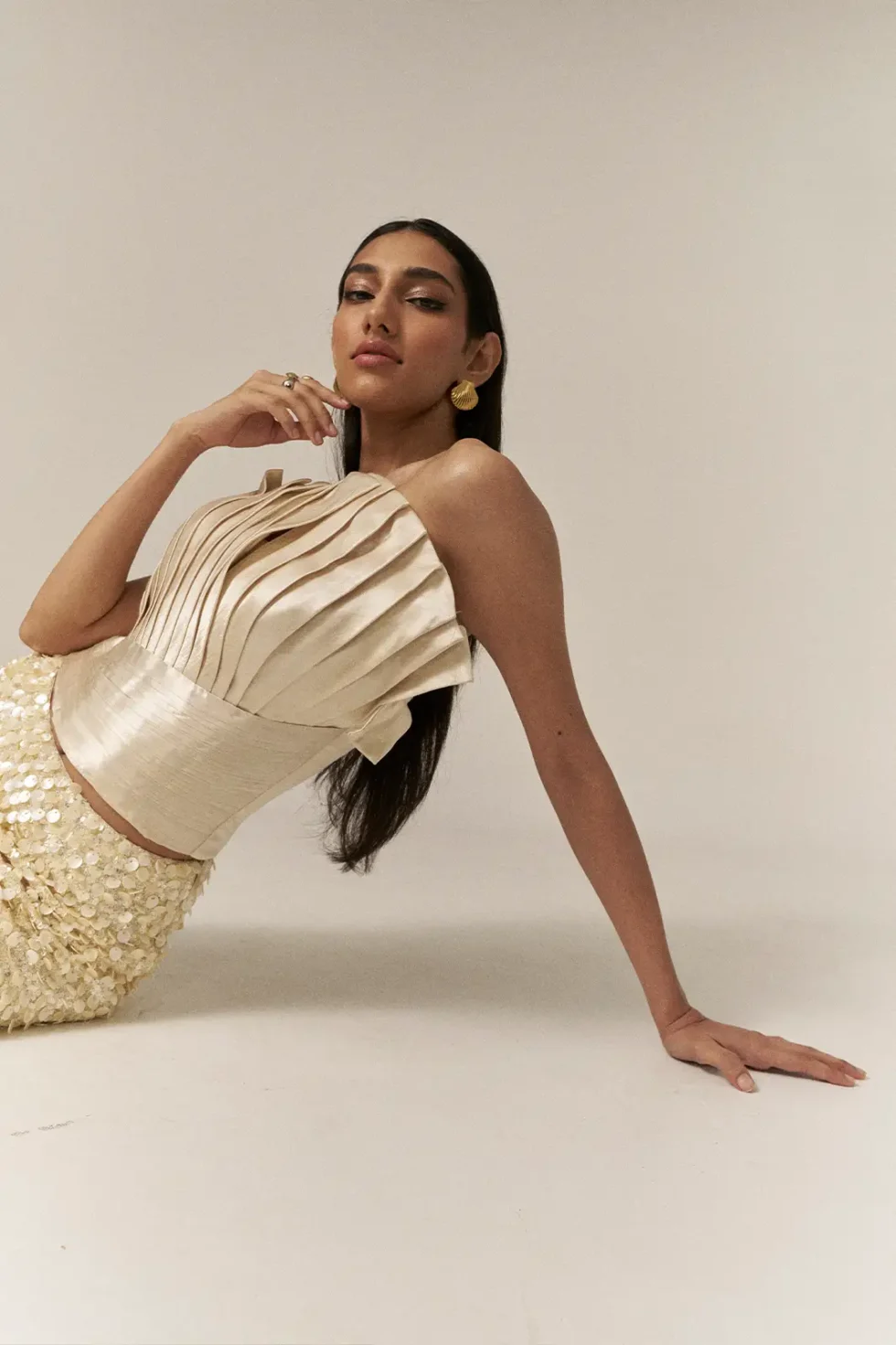 Garima GKD 05 Shell Sequins Skirt And Top, Sequins Skirt, Off Shoulder Tops For Women, Top And Short Skirt Set, Co Ord Set Skirt And Top, Matching Top And Skirt Sets For Women, Sepia Stories