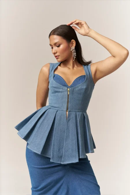 Garima GKD 08 Denim Bustier Co Ord, Bustier Dress For Women, Bustier Dress Blue, 2 Piece Dress For Women, Denim Blue Dress, Denim Top And Skirt, Denim Top And Skirt Co Ord, Matching Top And Skirt Sets For Women, Blue Bustier Corset Dress, Sepia Stories