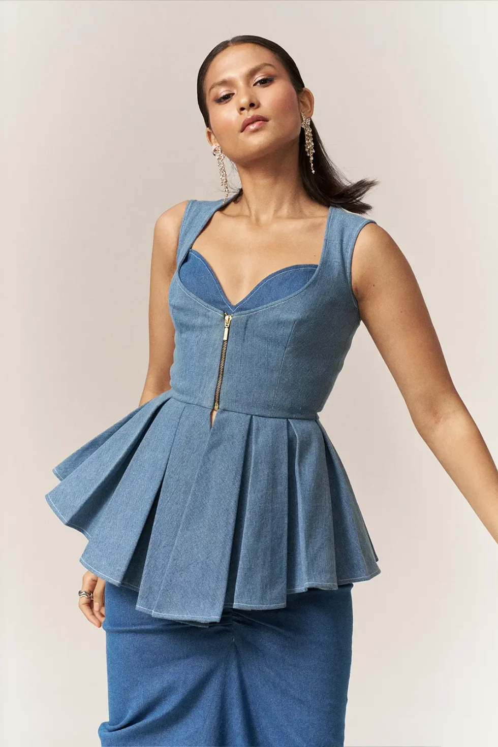 Garima GKD 08 Denim Bustier Co Ord, Bustier Dress For Women, Bustier Dress Blue, 2 Piece Dress For Women, Denim Blue Dress, Denim Top And Skirt, Denim Top And Skirt Co Ord, Matching Top And Skirt Sets For Women, Blue Bustier Corset Dress, Sepia Stories