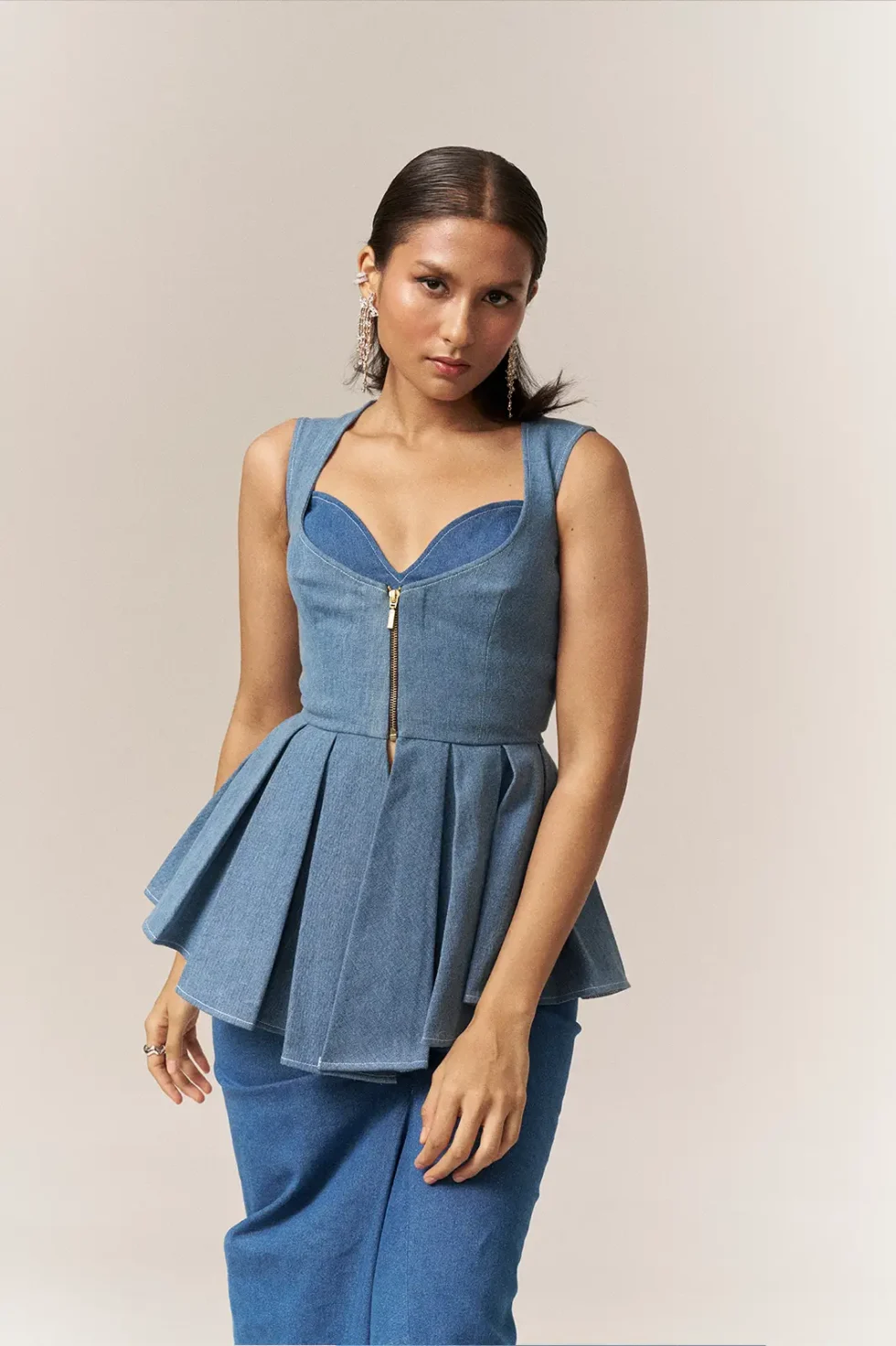 Garima GKD 08 Denim Bustier Co Ord, Bustier Dress For Women, Bustier Dress Blue, 2 Piece Dress For Women, Denim Blue Dress, Denim Top And Skirt, Denim Top And Skirt Co Ord, Matching Top And Skirt Sets For Women, Blue Bustier Corset Dress, Sepia Stories