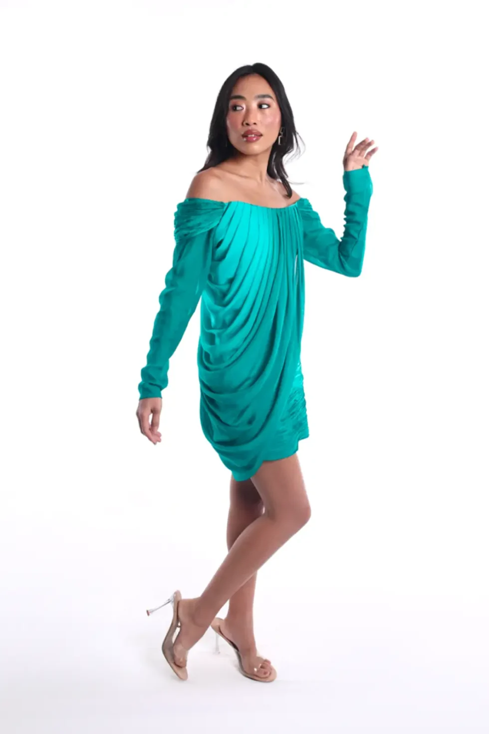 Gemma Teal Mini Chiffon Dress, Off Shoulder Mini Dress, Full Sleeve Party Dress, Green Mini Dress, Teal Green Colour Dress, Evening Party Dress, Bodycon Dress, Sepia Stories, Women Dress For Party, Beautiful Party Dresses For Ladies, Evening Party Dress, Bodycon Dress With Long Sleeves, Long Sleeve Short Dress