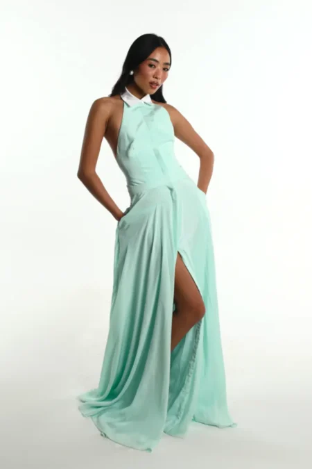 Isleen Teal Pure Crepe Dress, Green Long Dress, One Piece Long Dress, Front Slit Maxi Dress, Deep Back Dress, Sleeveless Long Gown For Women, Collar Neck Dress, Sepia Stories, Women Dress For Party, Beautiful Party Dresses For Ladies, Front Open Dress For Women, Evening Party Dress