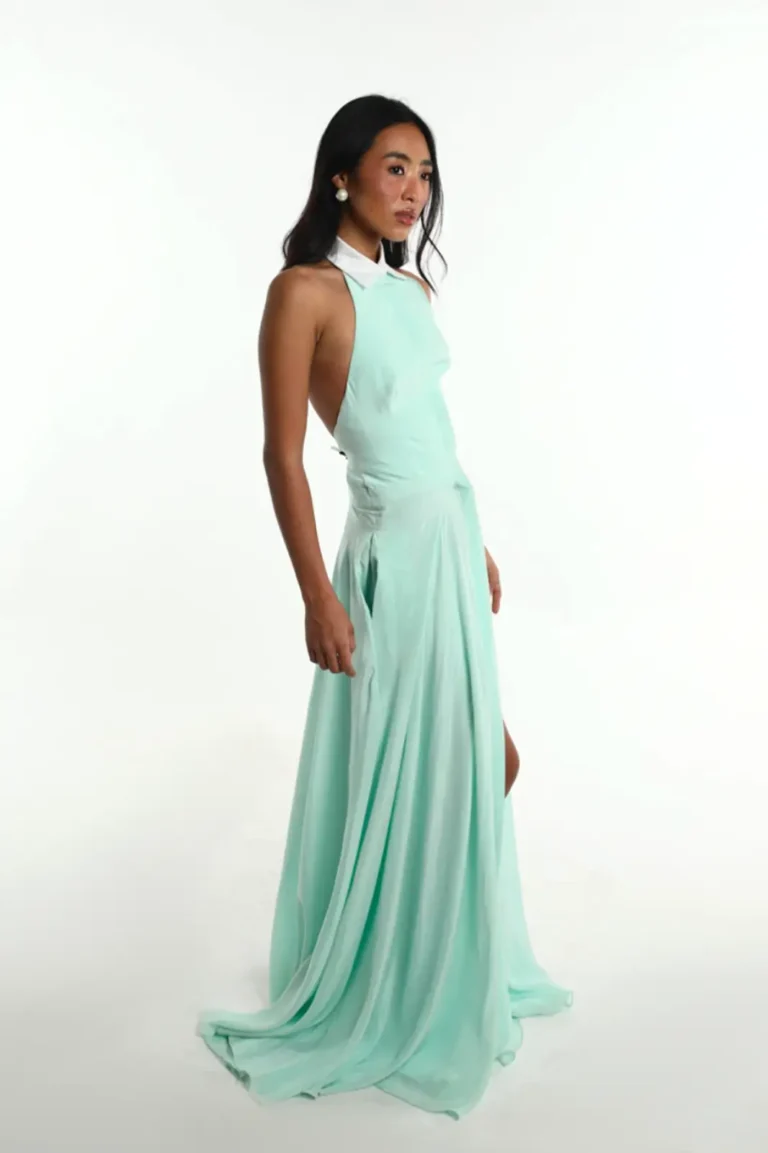 Isleen Teal Pure Crepe Dress, Green Long Dress, One Piece Long Dress, Front Slit Maxi Dress, Deep Back Dress, Sleeveless Long Gown For Women, Collar Neck Dress, Sepia Stories, Women Dress For Party, Beautiful Party Dresses For Ladies, Front Open Dress For Women, Evening Party Dress