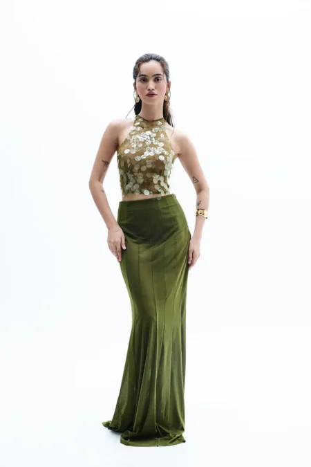 Iveris Moss Sequins Top And Fish Cut Skirt, Top And Long Skirt Set, Wedding Dress, Chiffon Tops, Green Skirt And Top, Net Skirt And Top, Party Wear Top And Skirt, High Neck Sleeveless Top, Sepia Stories