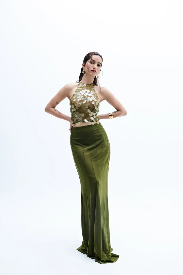 Iveris Moss Sequins Top And Fish Cut Skirt, Top And Long Skirt Set, Wedding Dress, Chiffon Tops, Green Skirt And Top, Net Skirt And Top, Party Wear Top And Skirt, High Neck Sleeveless Top, Sepia Stories